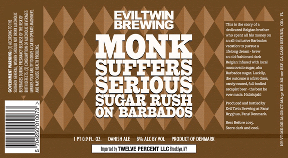 Evil Twin Monk Suffers Serious Sugar Rush On Barbados beer Label Full Size