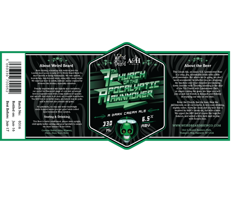 Weird Beard 7th Church of the Apocalyptic Lawnmower beer Label Full Size