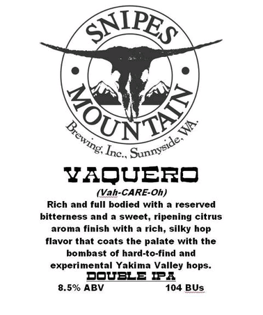 Snipes Mountain Vasquero Double IPA beer Label Full Size