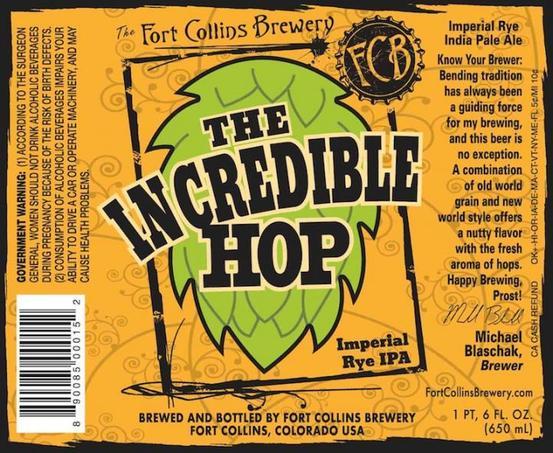 Fort Collins The Incredible Hop: Imperial Rye IPA beer Label Full Size