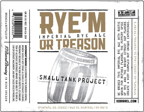 10 Barrel Rye'm or Treason beer Label Full Size