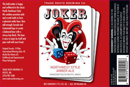 Trade Route Joker Amber Ale beer Label Full Size