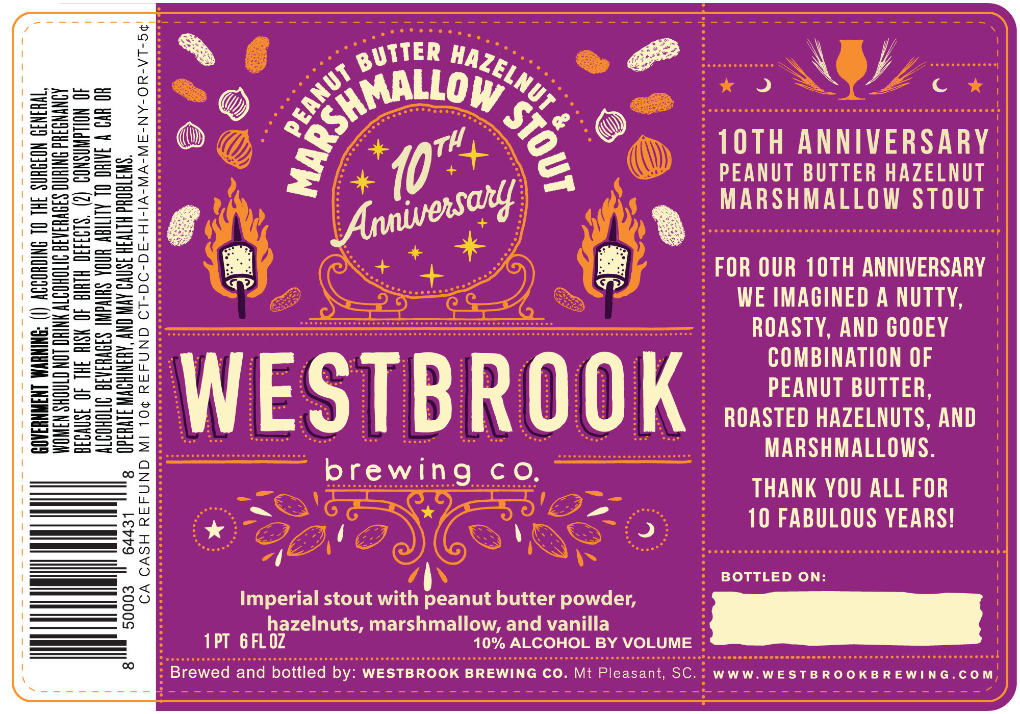 Westbrook 10th Anniversary Peanut Butter Hazelnut & Marshmallow Stout beer Label Full Size