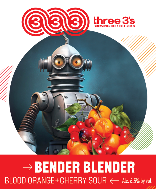 Three 3’s Bender Blender (Blood Orange & Cherry) beer Label Full Size