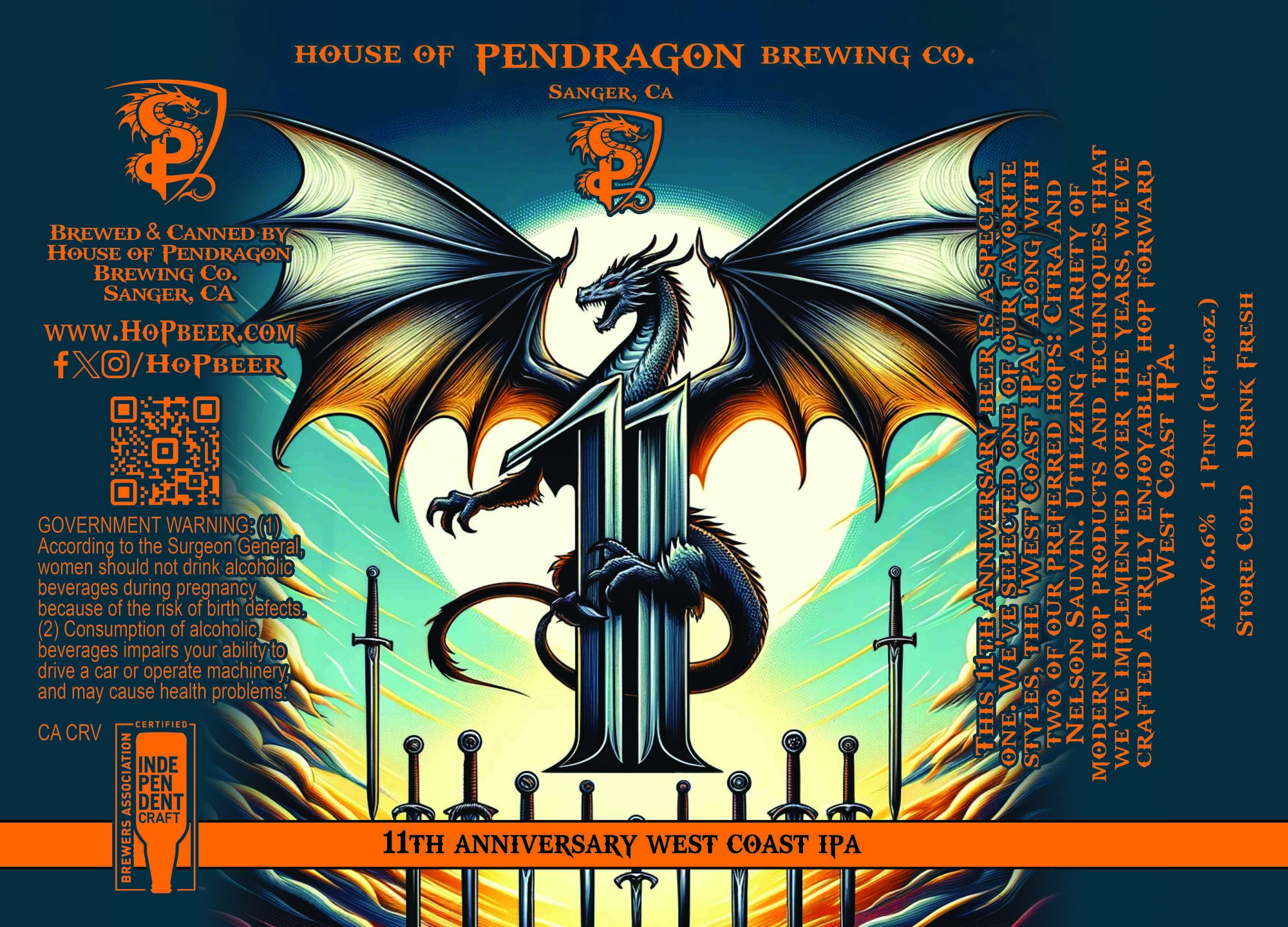 House of Pendragon 11th Anniversary West Coast Ipa beer Label Full Size